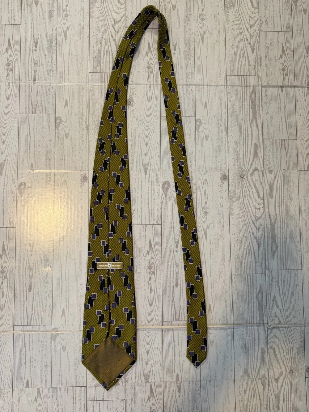 Z. INC, Vintage 100% Silk Tie, Geometric Olive Green, Black, Purple Necktie